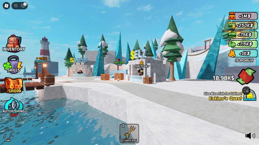 Snowy Biome from Roblox GO FISHING from a first person view