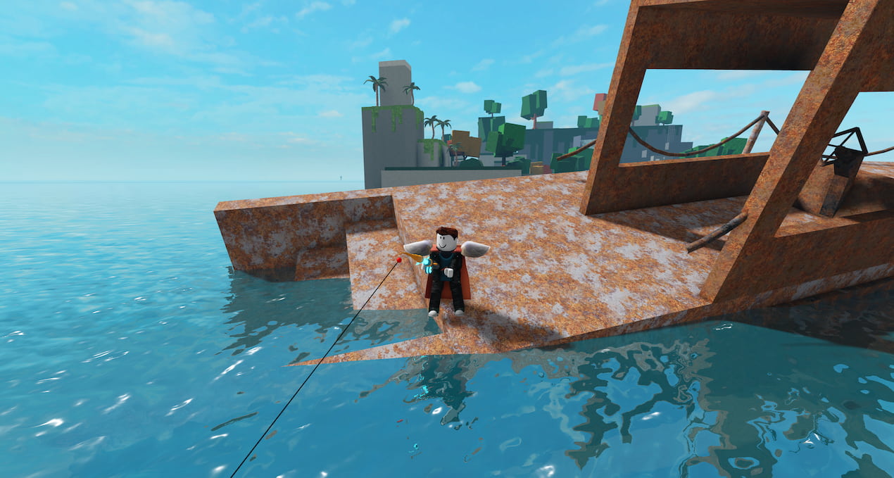 A Roblox character is fishing from a wrecked boat in Go Fishing