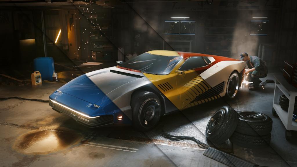A customized car in Cyberpunk 2077. 
