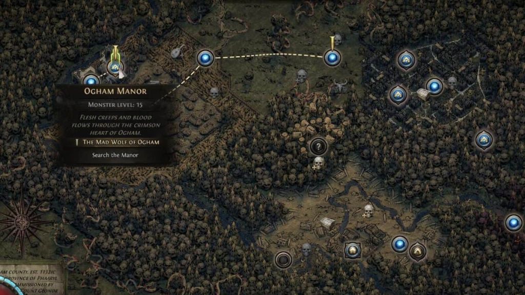Ogham Manor, the location of the Candlemass boss, pointed out on a map in Path of Exile 2.