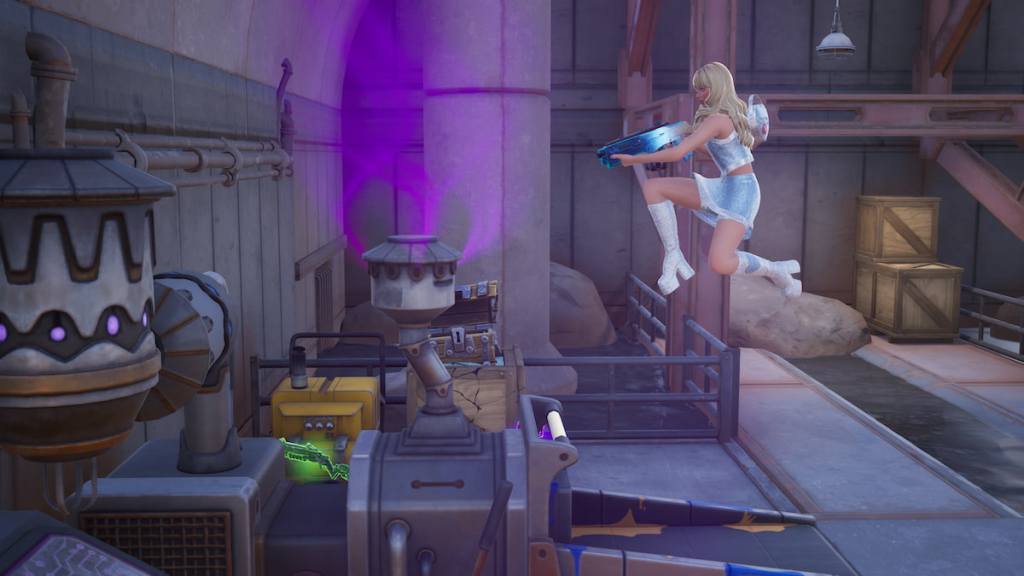 Sabrina Carpenter jumping over a purple smoke machine in fortnite