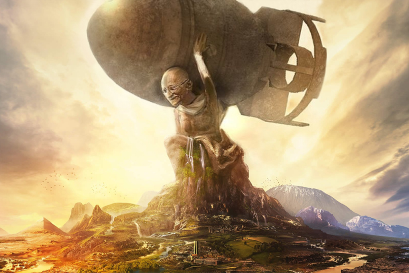Gandhi holding a nuclear weapon in Civilization VI's photoshopped cover art.