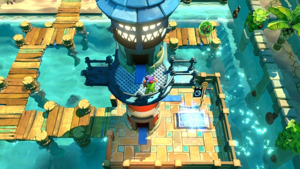 Yooka and Laylee standing on a lighthouse