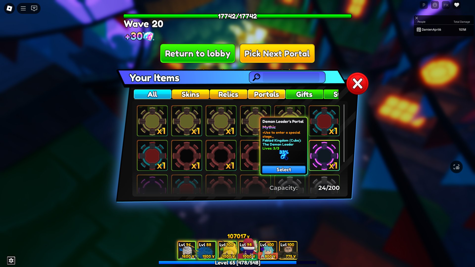 Demon Leader's Portal in a player's inventory in Anime Adventures