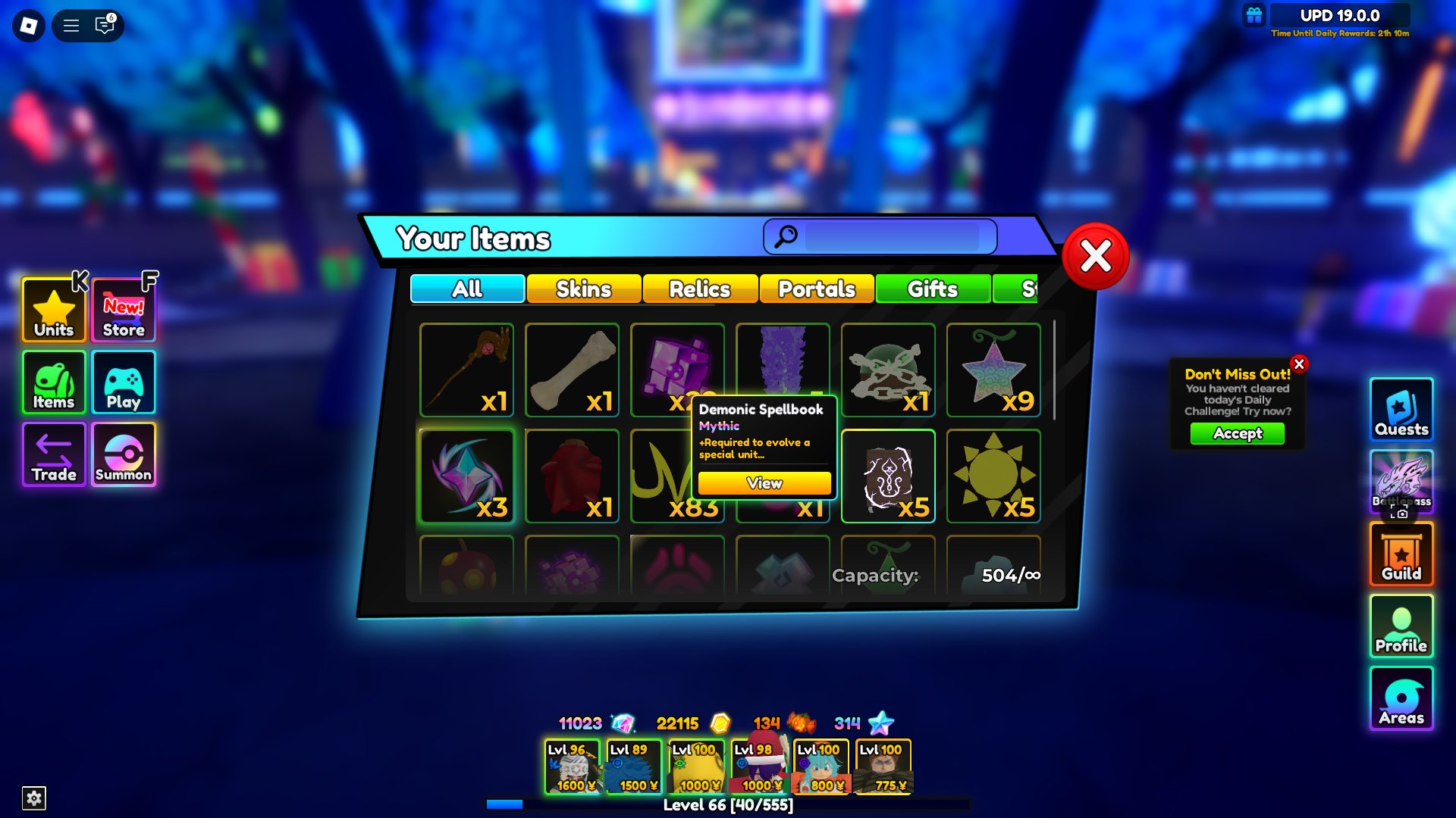 Demonic Spellbook in a player's inventory in Anime Adventures