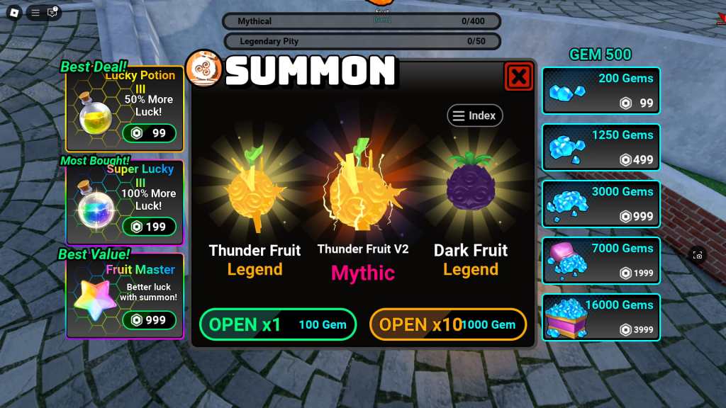 Summon menu in Anime Fruit Roblox experience