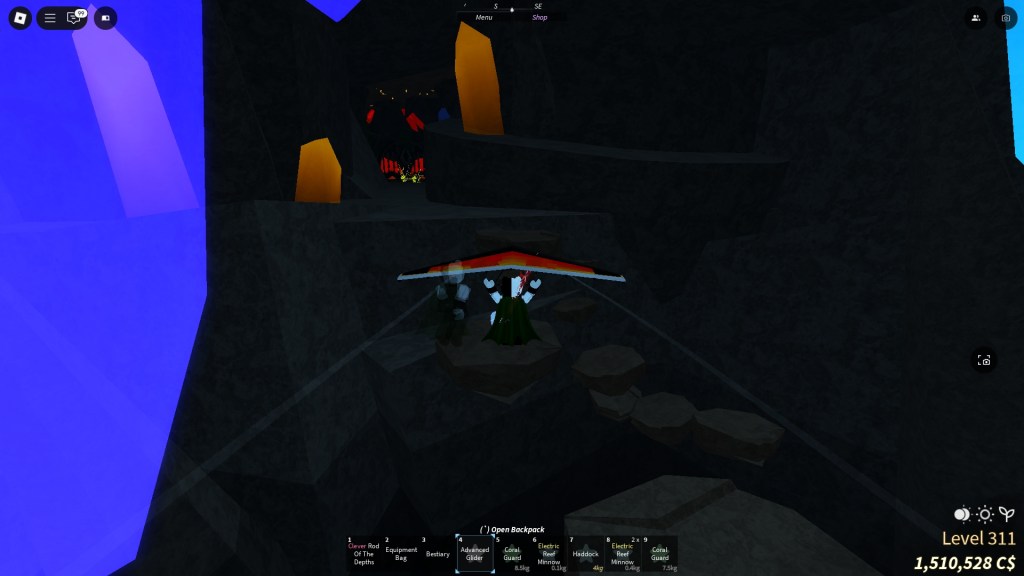 A player is using a glider to fly over the obstacle course in the Calm Zone in Fisch