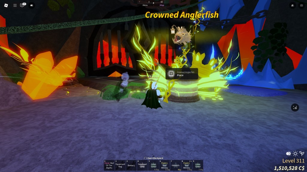 A player is standing in front of the podium in the Calm Zone in Fisch