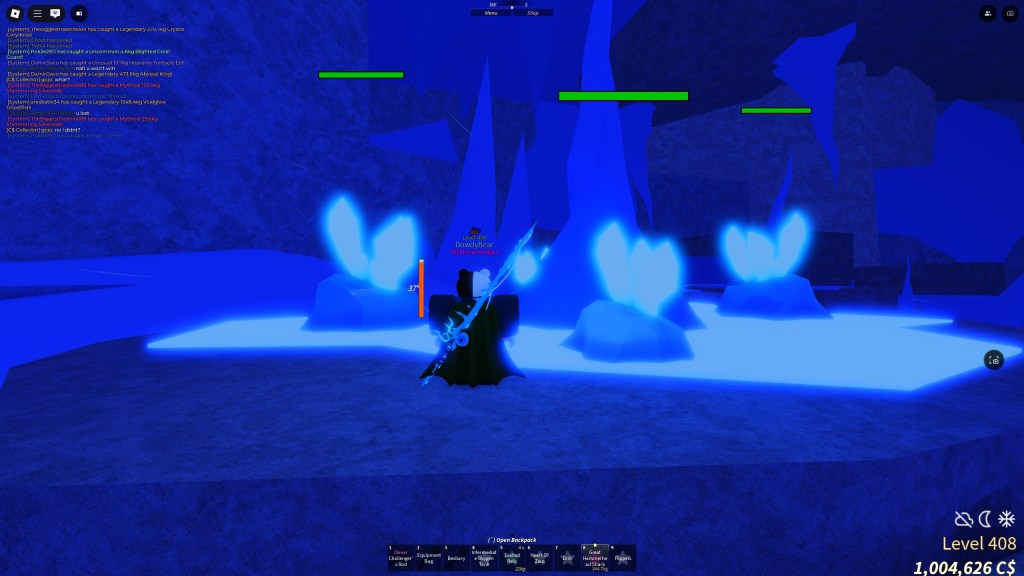 A Fisch player is standing in front of frozen crystals