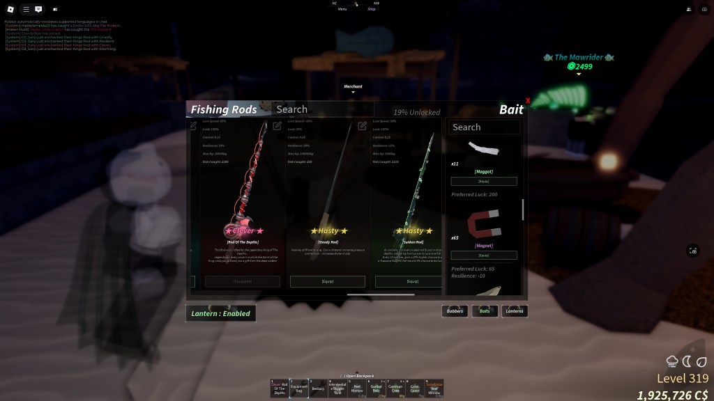 A Fisch menu showing the rods and the bait a player is using