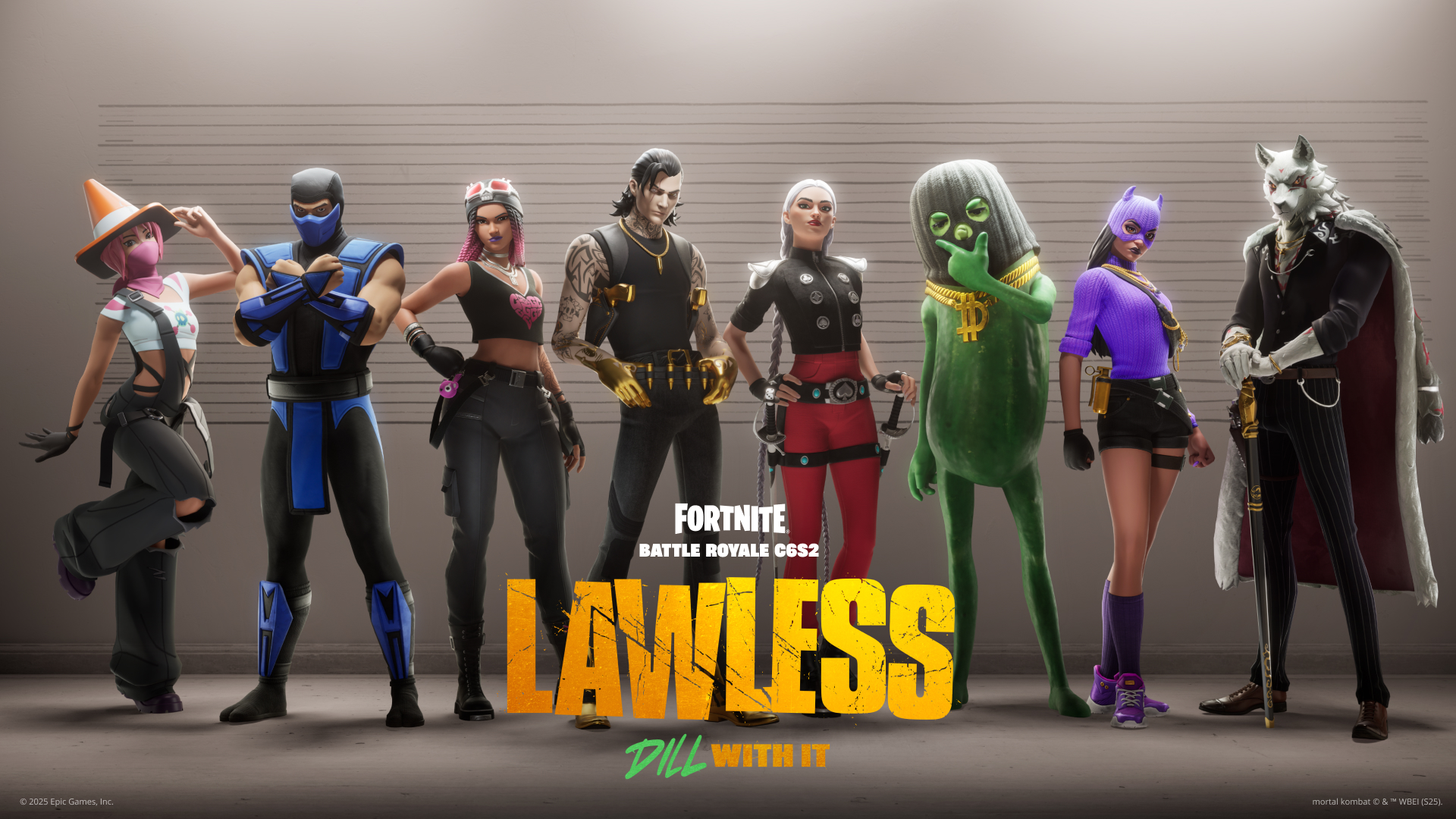 A picture with all Fortnite Chapter 6 Season 2 battle pass skins, including Sub-Zero, Outlaw Midas, and Big Dill.