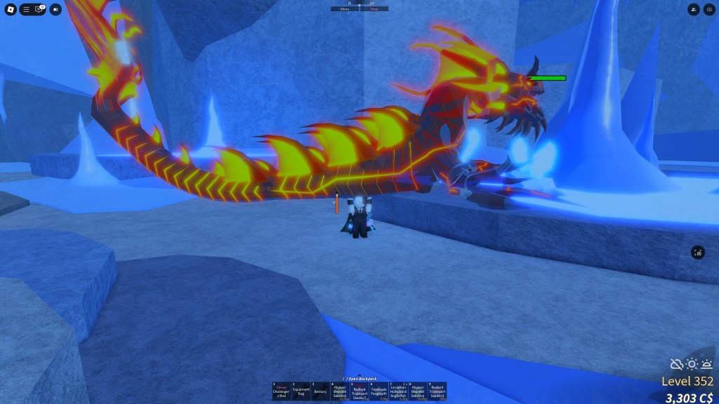 A Fisch player is holding a Magma Leviathan