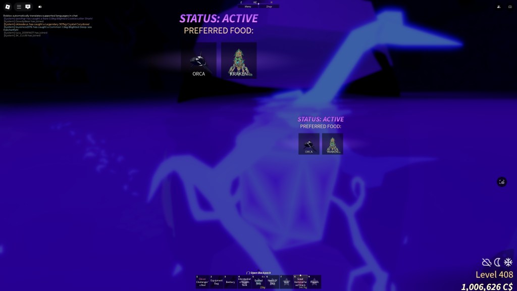 A hungry fish wants either an Orca or a Megalodon in Fisch