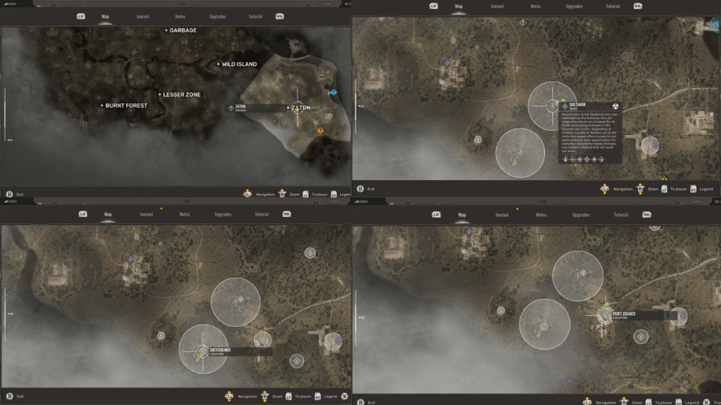 Stalker 2 maps of the Zaton region, and the Skadovsk, Shevchenko, and Port Cranes areas within Zaton.