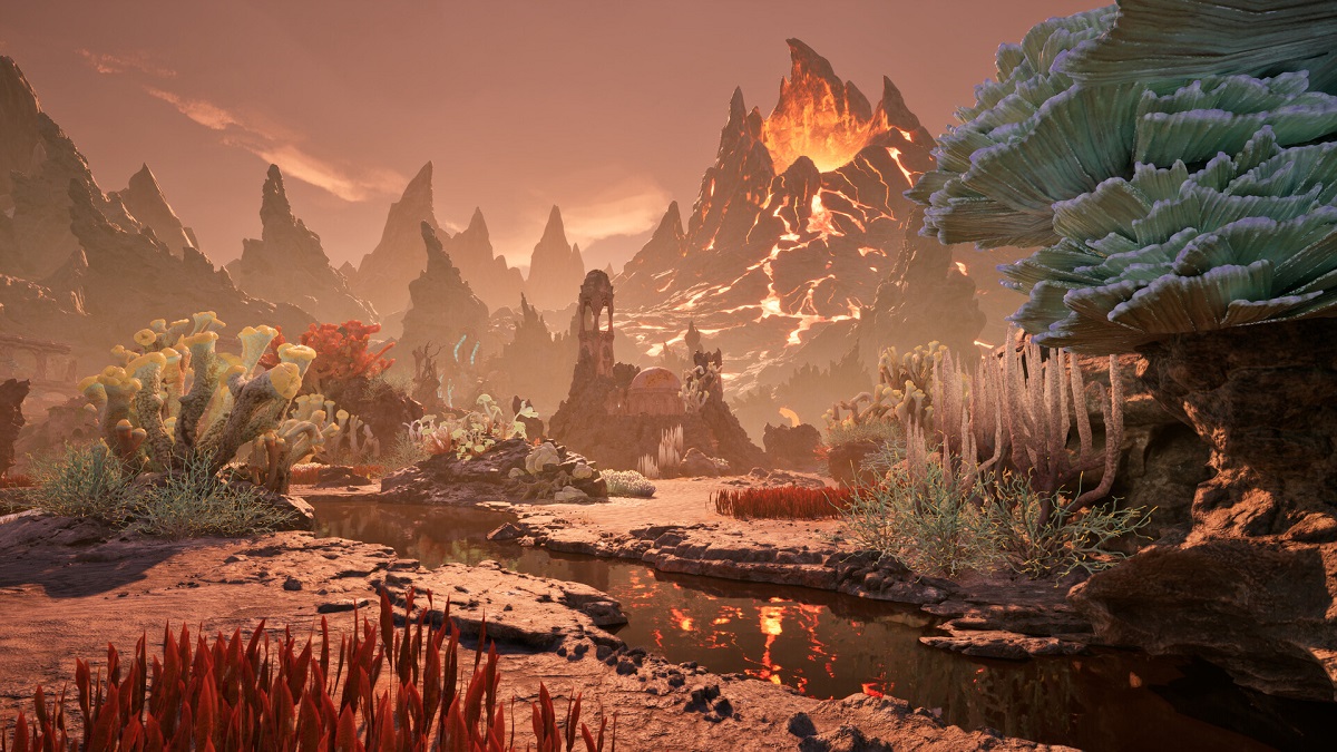 Avowed: a fantasy landscape showing a dark river in the foreground and a glowing mountain in the distance.