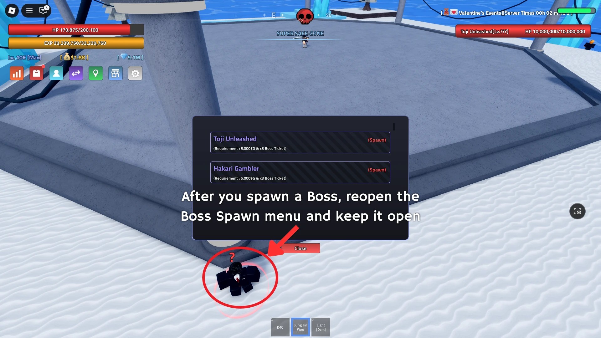 First step to spawning multiple bosses in Verse Piece is to spawn one Boss, and then open the Spawn Boss menu again, and keep it open as you are fighting the Boss in the Verse Piece Roblox experience