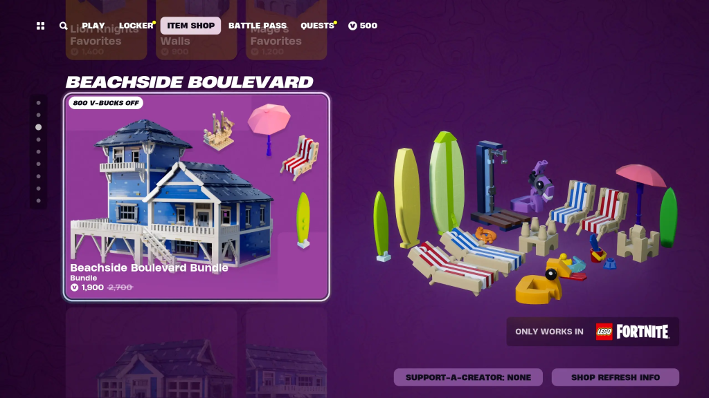 The LEGO Fortnite Shop highlighting the Beachside Boulevard Bundle for 1,900 V-Bucks.