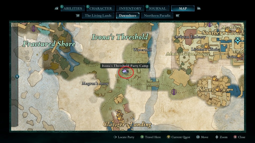 The map location of the Ivona Threshold party camp in Avowed
