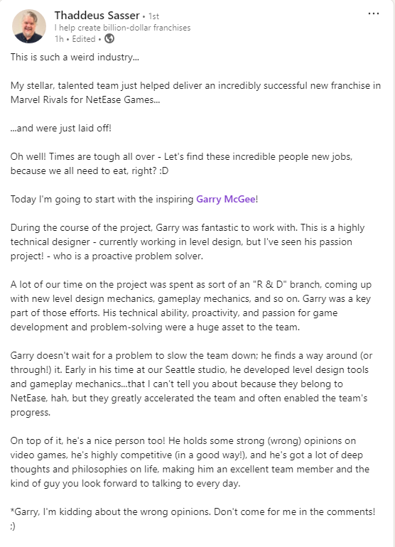 A LinkedIn post by Thaddeus Sasser, Marvel Rivals' game director, announcing he was laid off from NetEase.
