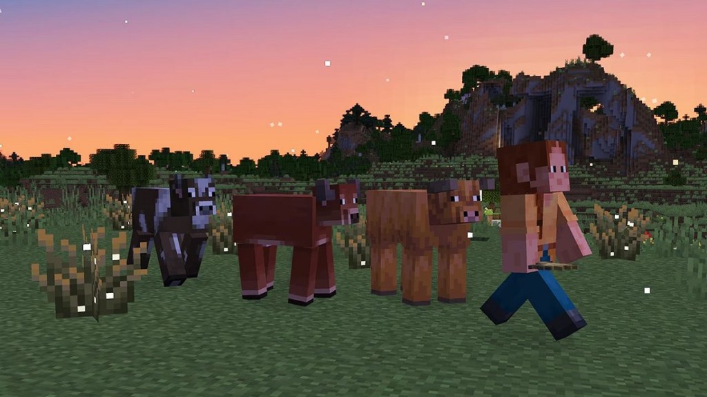 Minecraft: a blocky character leads some blocky cows across a green field.