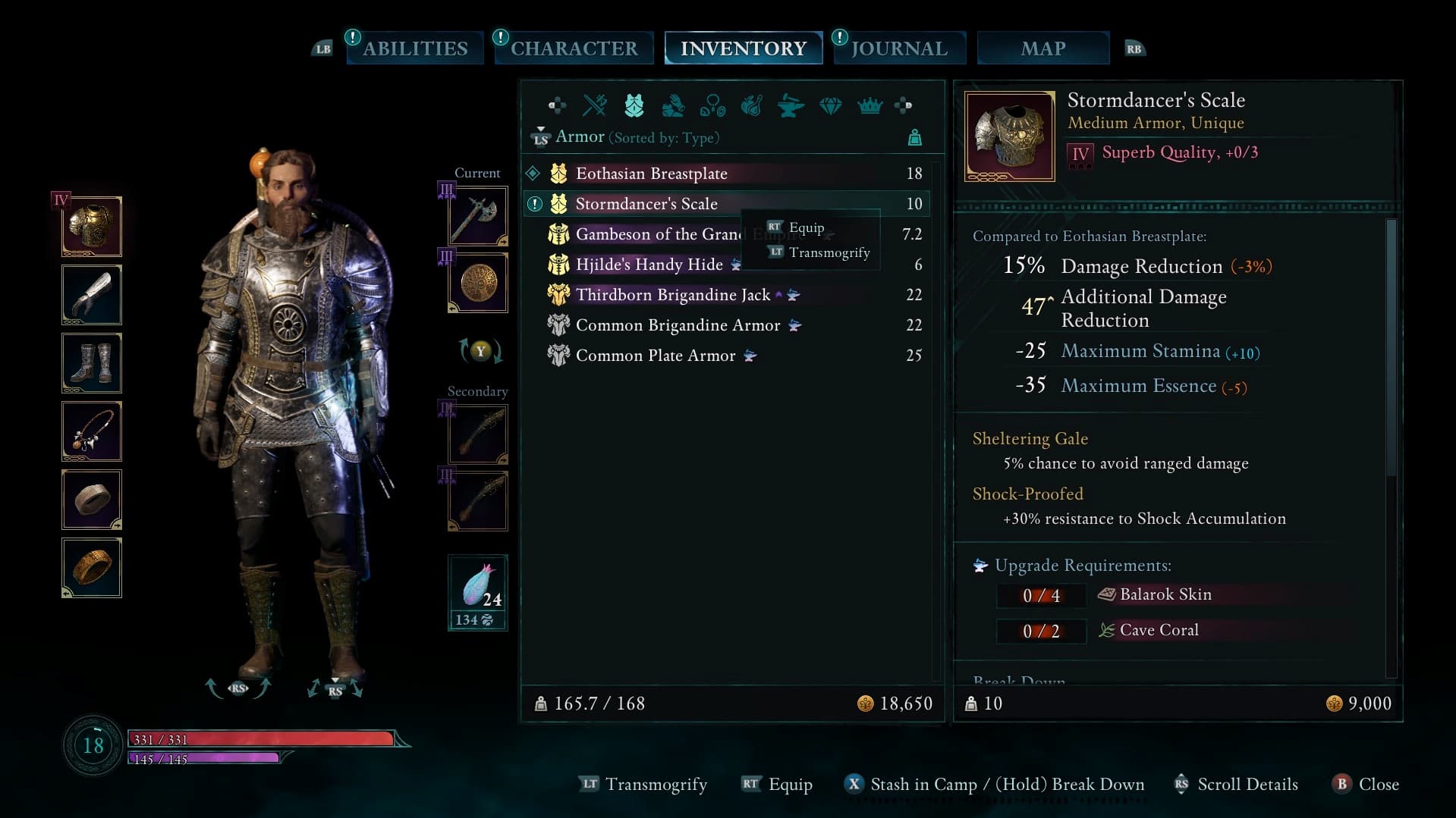 Stormdancer's Scale armor stats in the inventory screen of Avowed