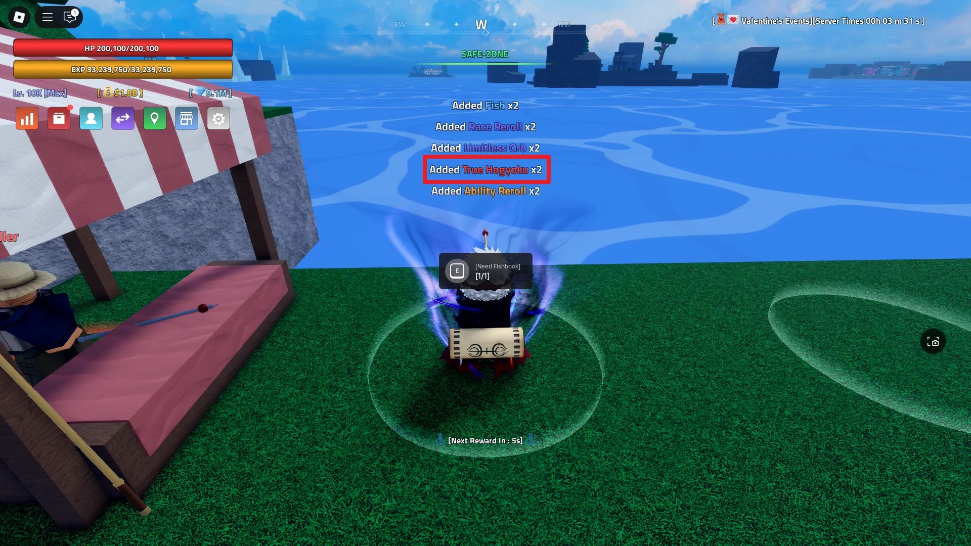 A player earning Mythical Materials as a reward from fishing in Verse Piece Roblox experience