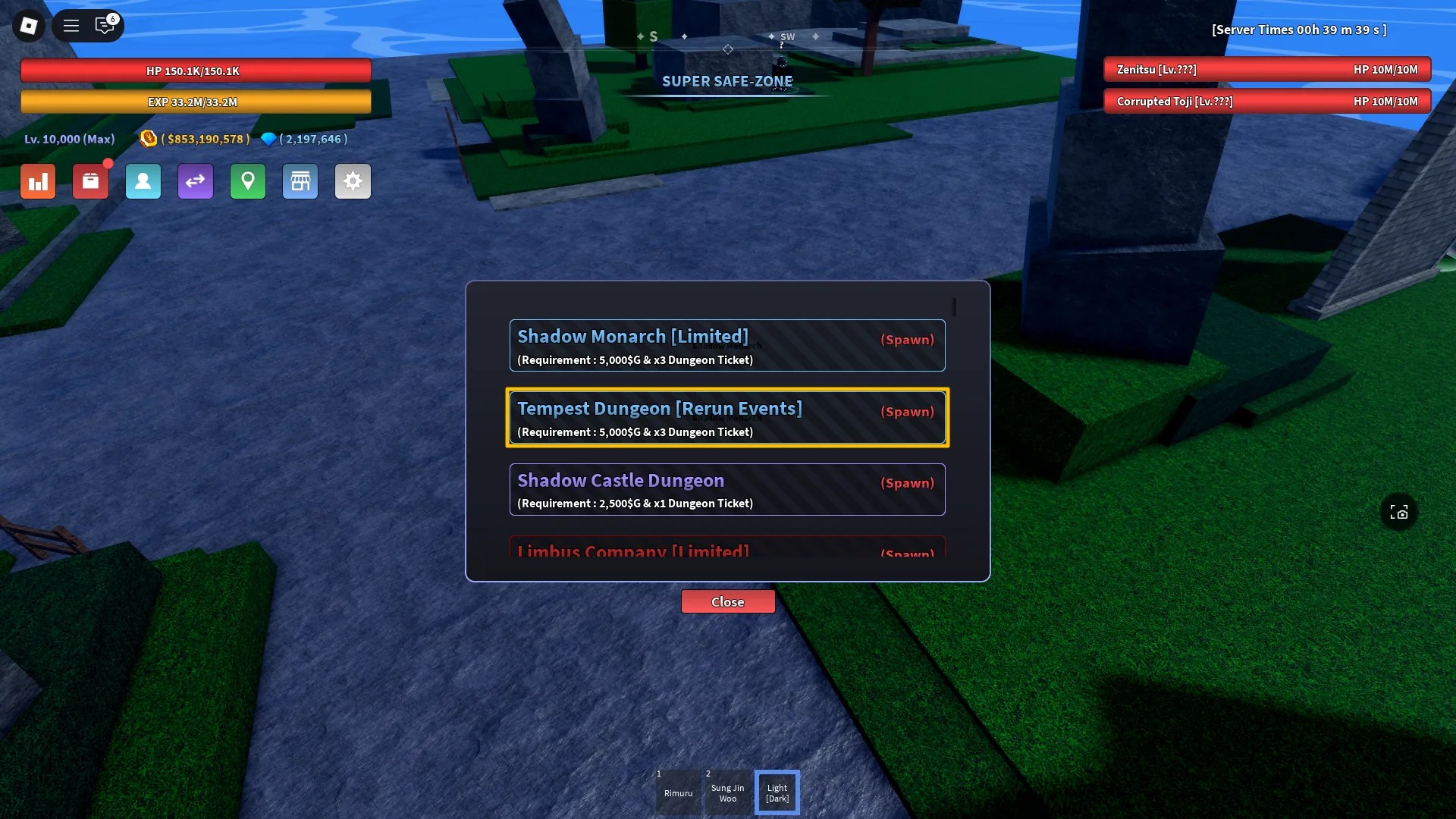 Preview of the Spawn Dungeon menu with the Tempest Dungeon highlighted in Verse Piece Roblox experience