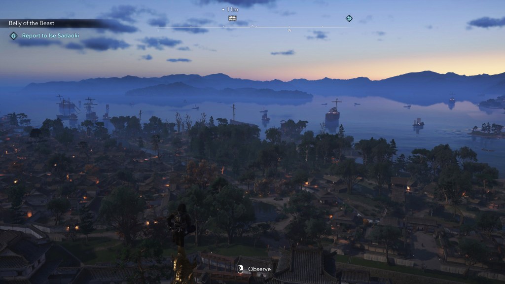 The Assassin's Creed Shadows Osaka Japan skyline at dusk on PC