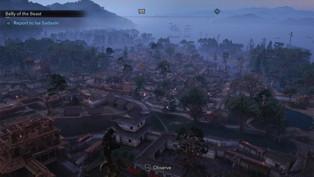 The Assassin's Creed Shadows Osaka Japan skyline at dusk on the Steam Deck