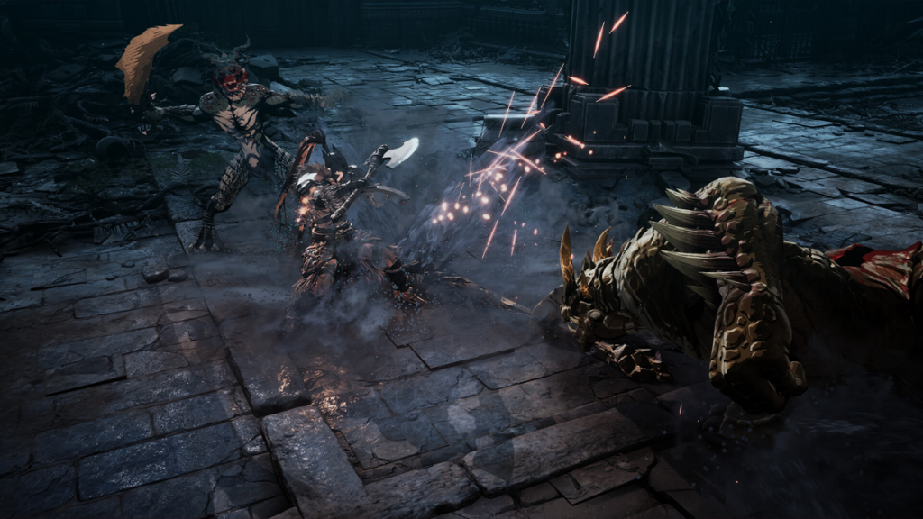 Khazan fights a series of corrupt enemies wielding an axe.