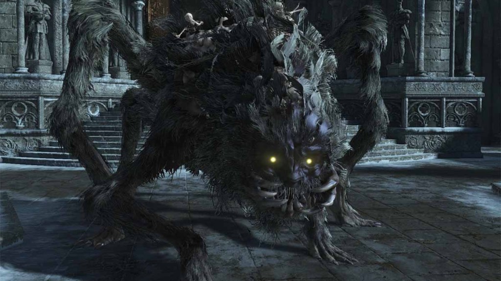 The Deep Accursed from Dark Souls 3, a six-legged predator with glowing yellow eyes.