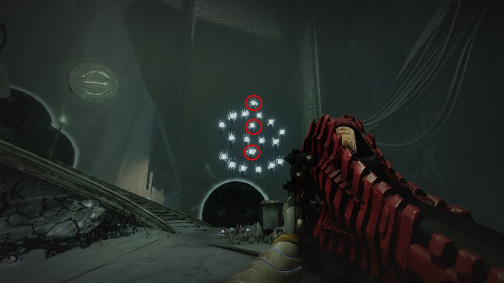Destiny 2 binding puzzle 3, showing a bunch of white lights with red circles around them to show readers a specific symbol.