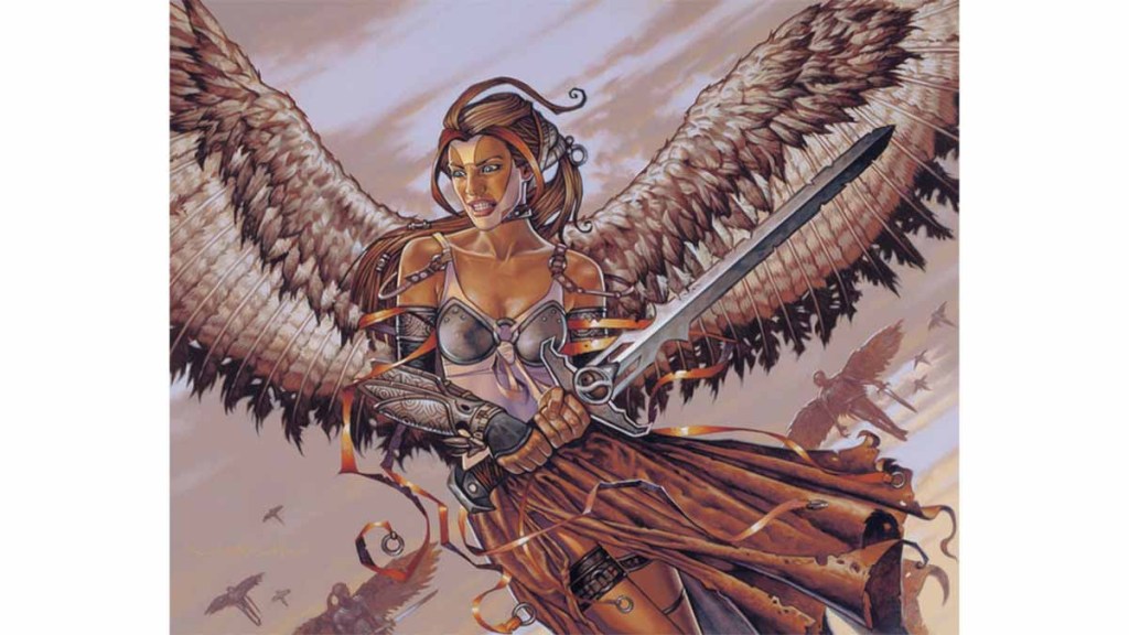 The artwork for Exalted angel shows an angry angel wielding a sword with a bunch of angels flying behint them