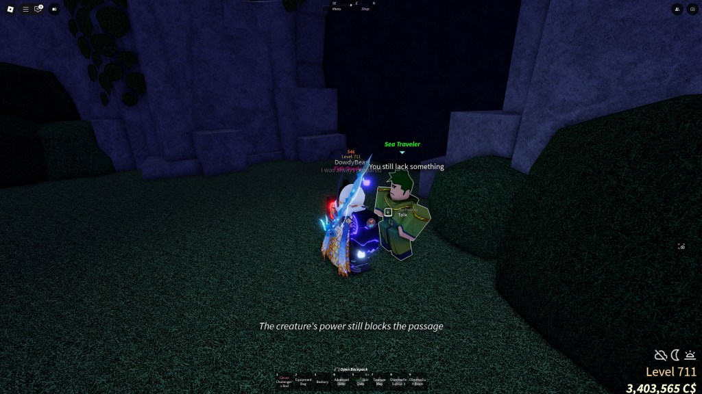 A Fisch player is talking to the Sea Traveler NPC