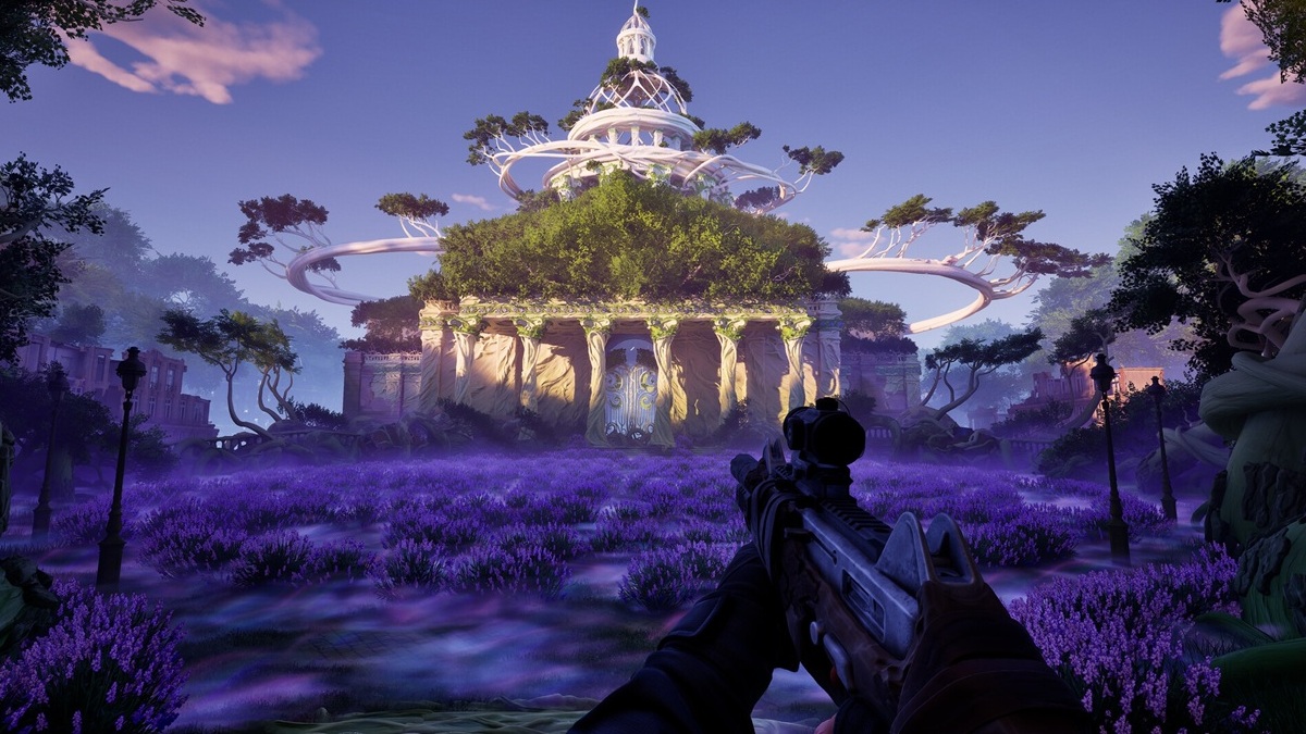 A gameplay screenshot from the upcoming first-person survival shooter Forest Reigns.