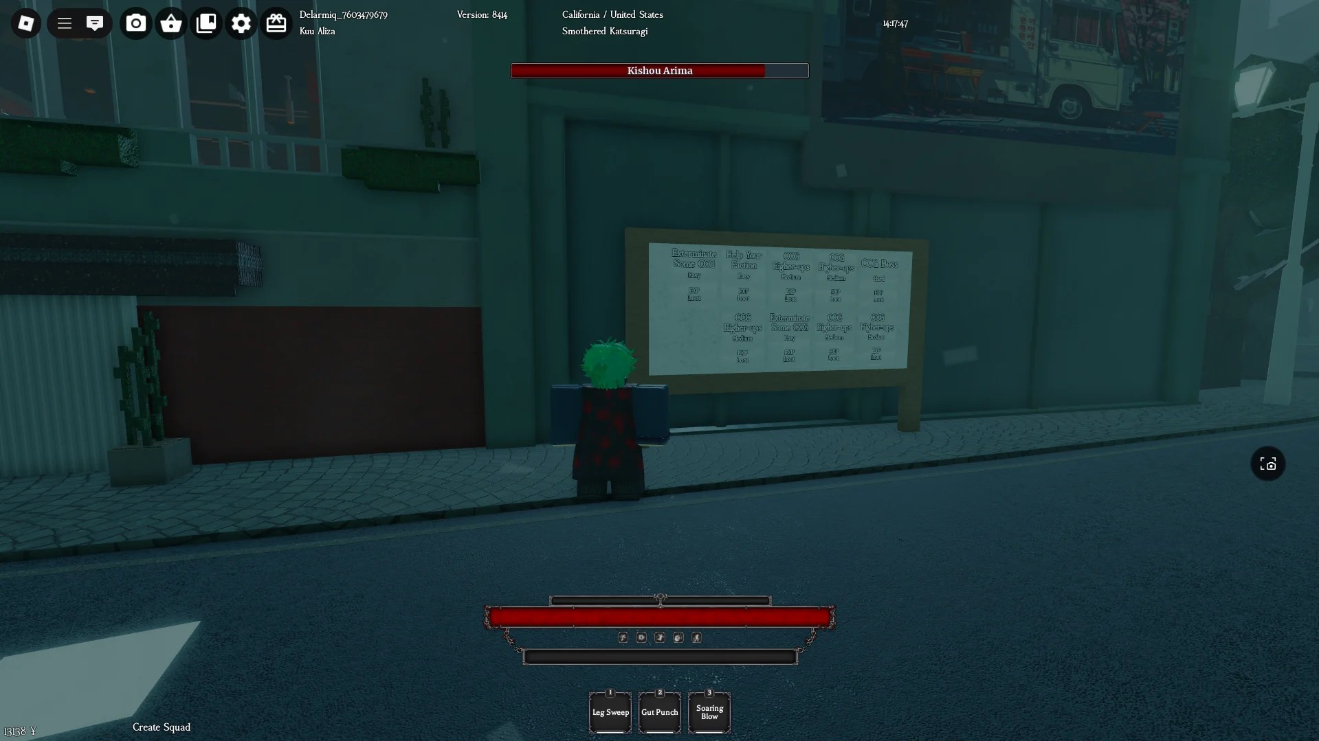 A player interacting with the quest board in front of Anteiku in Ghoul://Re