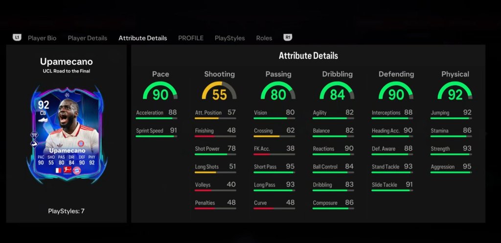 Image of Upamecano Dreamchasers card stats in EA FC 25