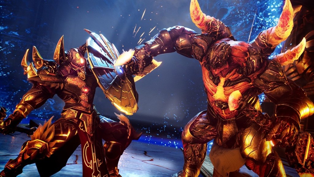 A cutscene closeup of a combat scene in Godfall.