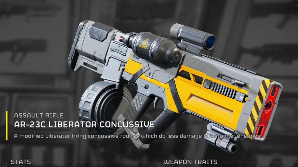 A screenshot of the Concussive Liberator carbine from Helldivers 2.