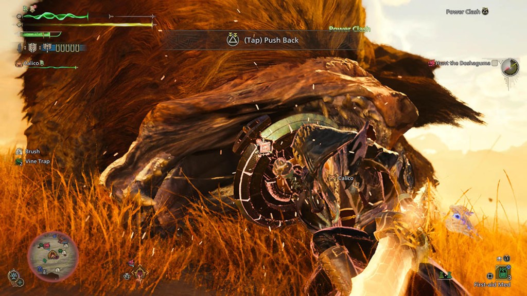 The Hunter performs a Charge Blade Power Clash in Monster Hunter Wilds.