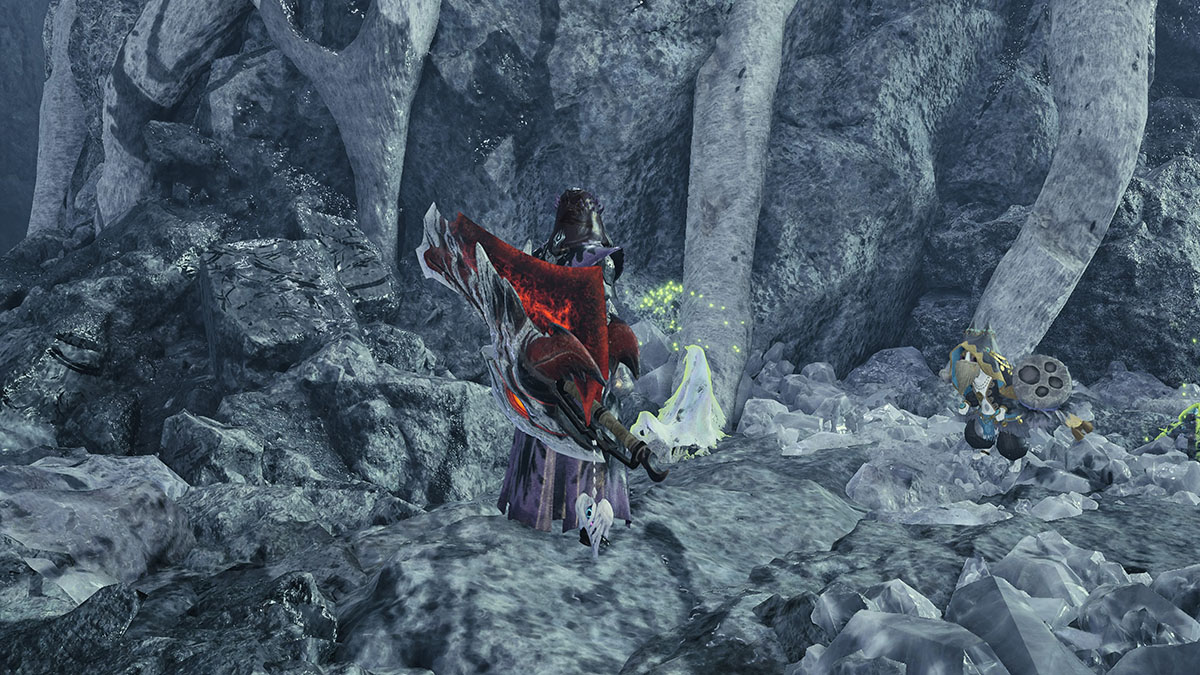 The Hunter and a Cocoon Fiber in Monster Hunter Wilds.