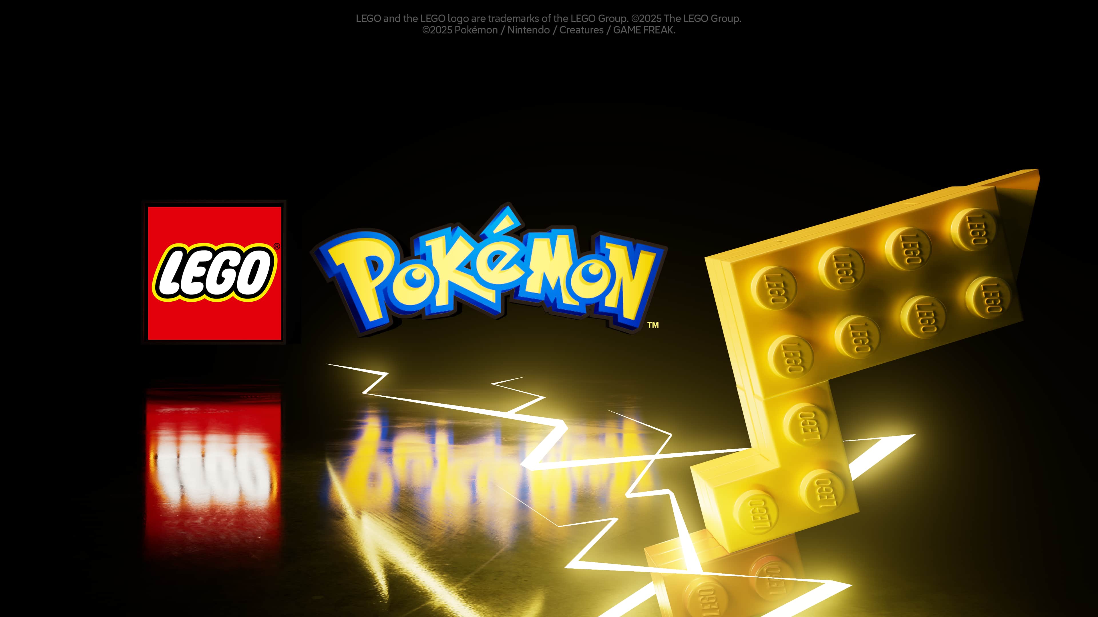 The LEGO and Pokémon logos side by side on a dark background, lit by a LEGO Pikachu tail