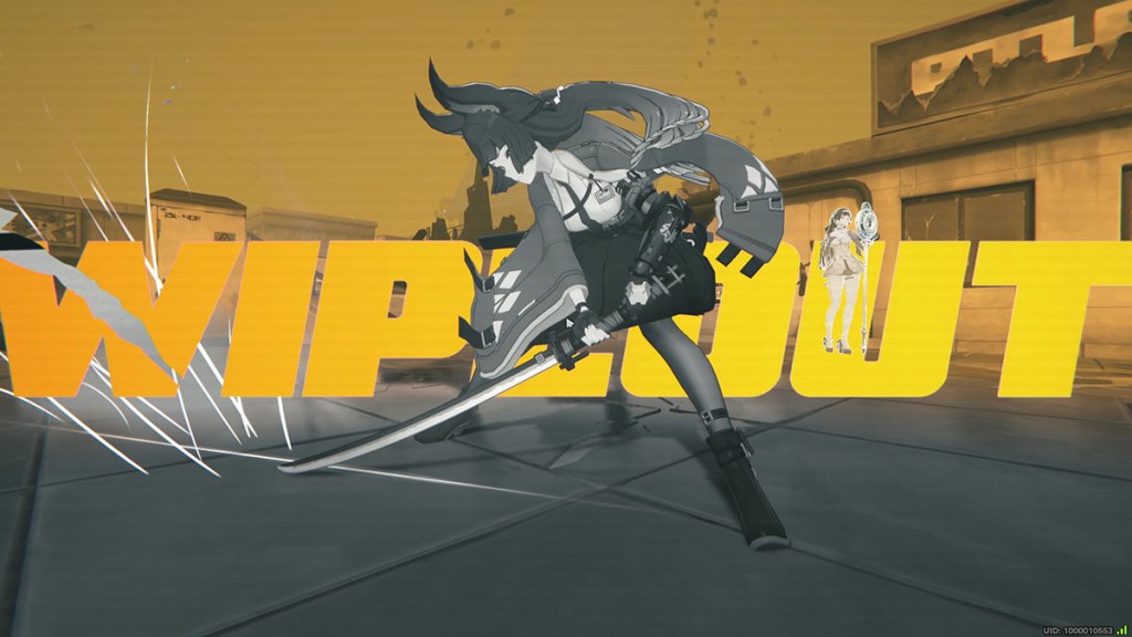 Miyabi slashing an enemy WIPEOUT in large letters behind her