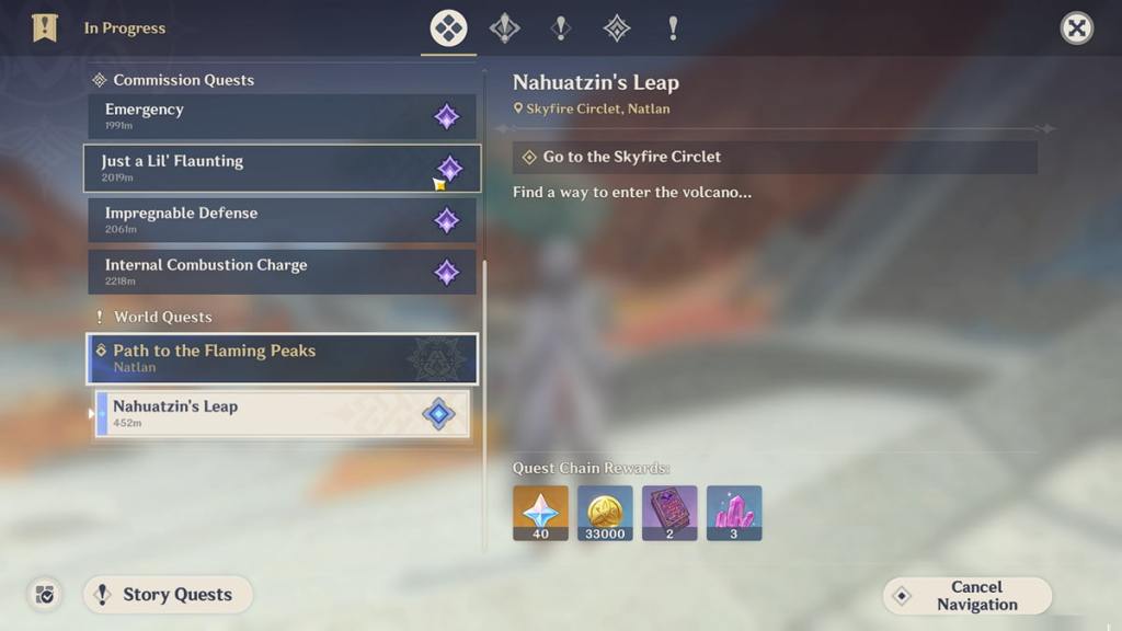 Nahuatzin's Leap is a quest in Path to the flaming peaks chain