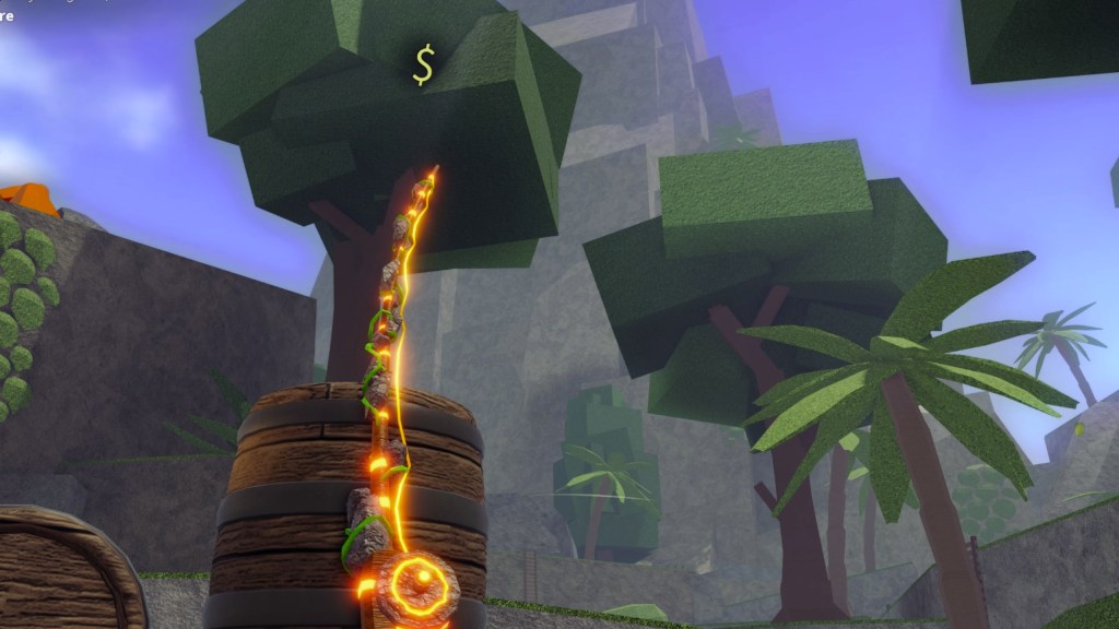 A new island in Fisch's new update with a new rod leaning by a barel