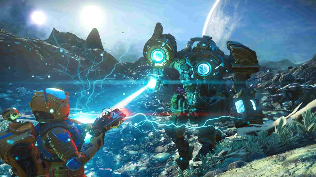 a payer fights off against a mech with a beam gun