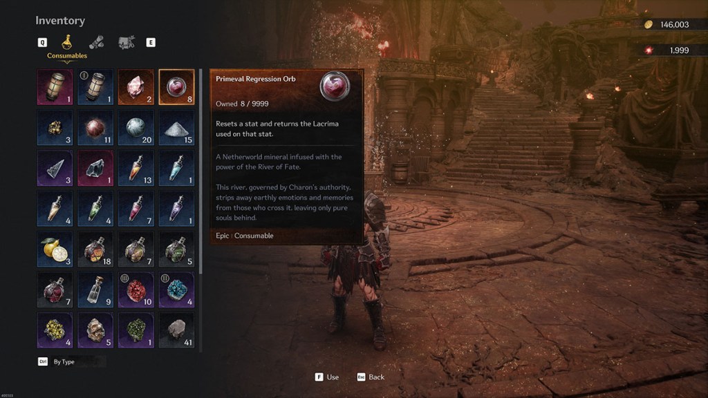 The item screen showing a Primeval Progression Orb