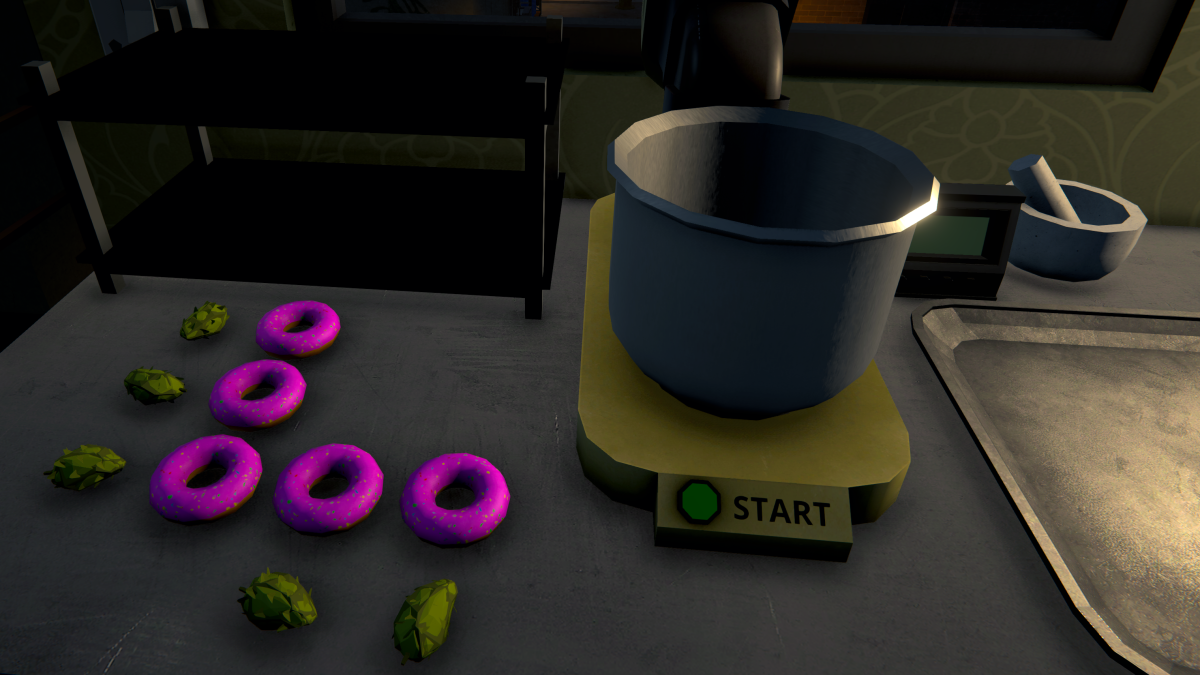 Donuts and weed buds on Mixer table in Schedule 1.