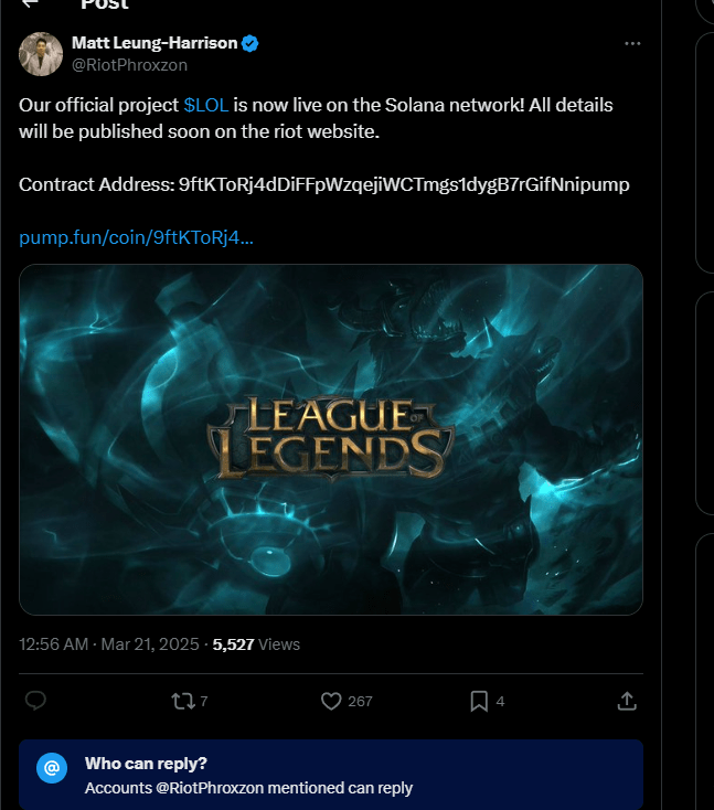 Deleted LoL cryptocurrency scam post