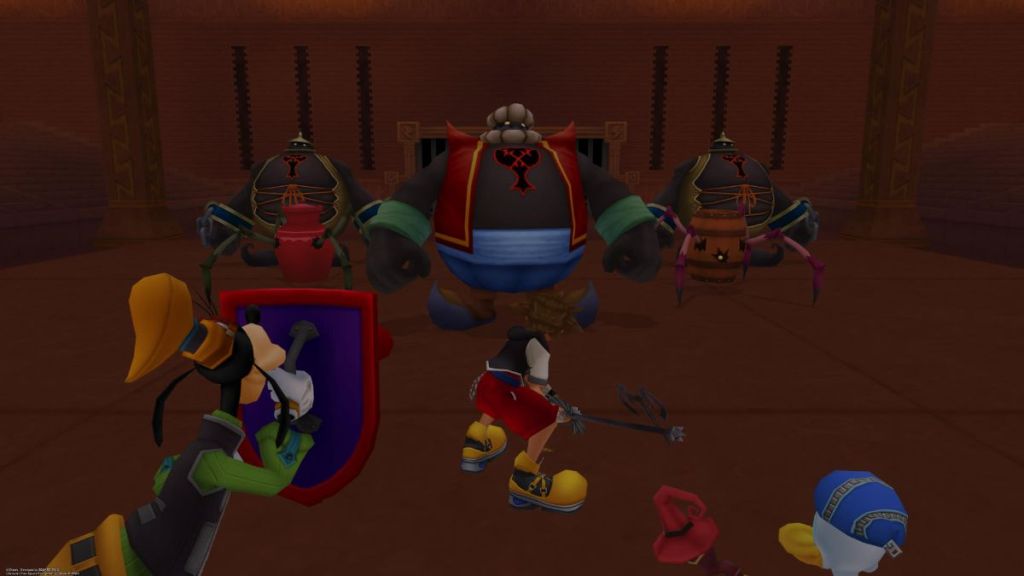 Sora, Donald, and Goofy fighting heartless in Olympus Coliseum